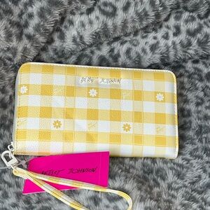Betsey Johnson  Yellow Gingham Floral Zip Wristlet Clutch